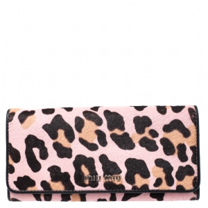 Miu Miu Pink Leopard Print Calfhair Flap Continental Wallet