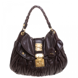 Pre Owned Miu Miu Dark Burgundy Matelasse Leather Coffer Hobo