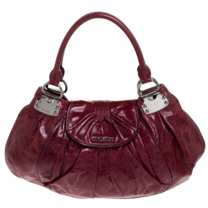 Miu Miu Maroon Crinkled Leather Pleated Tote