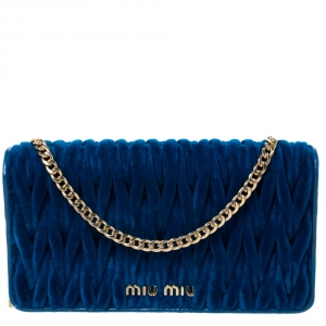 Miu Miu Blue Matelasse Velevt and Leather Wallet on Chain