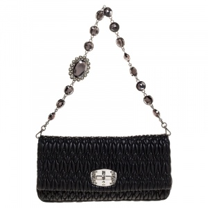 Miu Miu Black Matelasse Leather Crystal Shoulder Bag