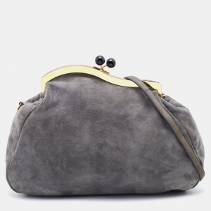 Miu Miu Grey Suede Oversized Kiss Lock Clutch