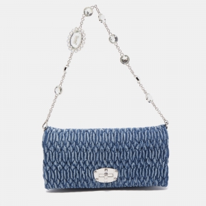 مملوكة مسبقًا Miu Miu Blue Matelassé Denim Crystal Flap Shoulder Bag