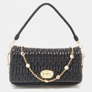مملوكة مسبقًا Miu Miu Black Cloqué Leather Crystals Embellished Flap Shoulder Bag