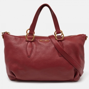 Pre Owned Miu Miu Red Pebbled Leather Zip Convertible Tote