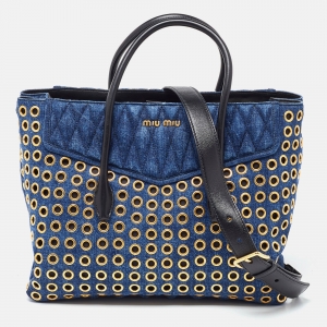 Pre Owned Miu Miu Blue Matelassé Denim Grommet Tote