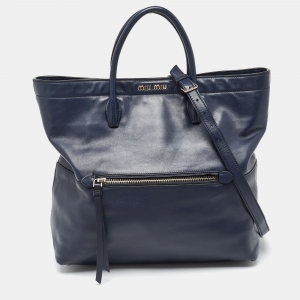 Pre Owned Miu Miu Navy Blue Vitello Soft Leather Front Pocket Shopper Tote