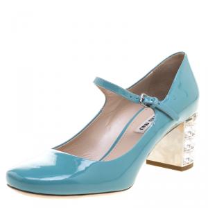 Miu Miu Blue Patent Leather Crystal Embellished Heel Mary Jane Pumps Size 38