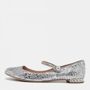 Pre Owned Miu Miu Silver Glitter Mary Jane Ballet Flats Size 41
