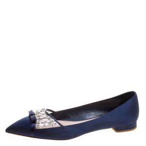 Miu Miu Blue Satin Jeweled Pointed Toe Ballet Flats Size 40.5