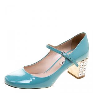 Miu Miu Blue Patent Leather Crystal Embellished Heel Mary Jane Pumps Size 37.5
