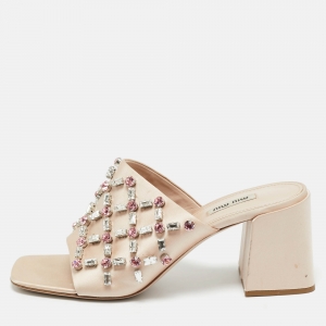 Pre Owned Miu Miu Beige Satin Crystal Embellished Block Heel Sandals Size 41