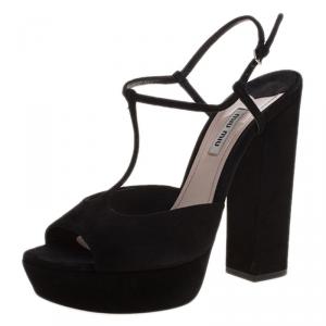 Miu Miu Black Suede T Bar Platform Block Heel Sandals Size 40