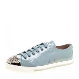 Miu Miu Teal Patent Leather Studded Metal Cap Toe Lace Up Sneakers Size 40