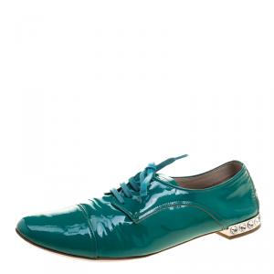 Miu Miu Aquamarine Patent Leather Crystal Heel Lace Up Derby Size 38.5