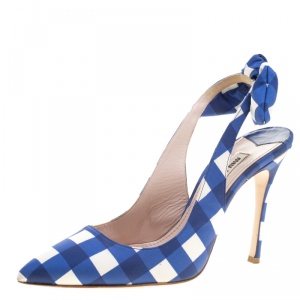Miu Miu Blue/White Checkered Satin Bow Detail Slingback Sandals Size 39