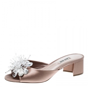 Miu Miu Beige Satin Crystal Embellished Peep Toe Block Heel Slides Size 39