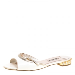 Miu Miu White Patent Leather Peep Toe Crystal Embellished Heel Flat Slides Size 36
