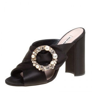 Miu Miu Black Satin Crystal and Faux Pearl Embellished Brooch Peep Toe Mules Size 40