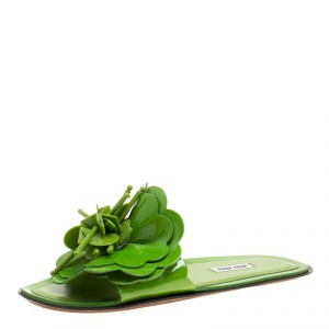 Miu Miu Green Patent Leather Flower Detail Flat Slides Size 38