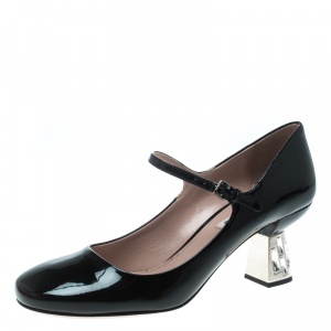 Miu Miu Black Patent Leather Crystal Embellished Heel Mary Jane Pumps Size 39