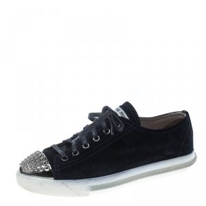 Miu Miu Midnight Blue Suede Studded Cap Toe Sneakers Size 38