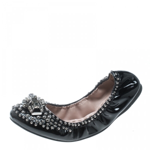 Miu Miu Black Studded Patent Leather Crystal Embellished Ballet Flats Size 37.5