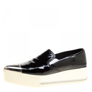 Miu Miu Black Patent Leather Metal Cap Toe Platform Slip On Sneakers Size 41