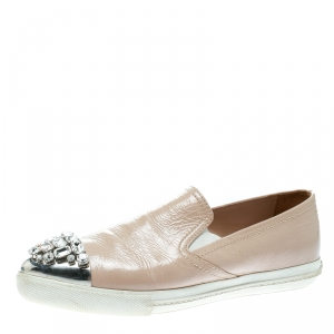 Miu Miu Beige Patent Leather Crystal Embellished Pointed Cap Toe Slip On Sneakers Size 38
