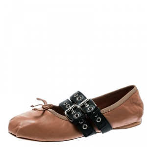 Miu Miu Beige Leather Double Buckle Lace Up Ballet Flats Size 39.5