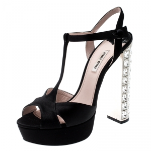 Miu Miu Black Satin T-Strap Crystal Embellished Block Heel Ankle Strap Sandals 38