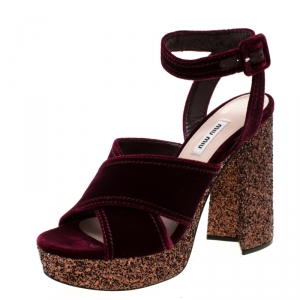 Miu Miu Burgundy Velvet Glitter Trimmed Platform Ankle Strap Sandals Size 39.5