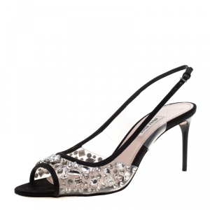 Miu Miu Black Satin And Crystal Embellished PVC Slingback Sandals Size 39
