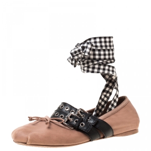 Miu Miu Nude Beige Leather Belted Ankle Wrap Ballerina Flats Size 39