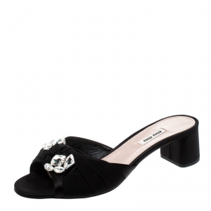 Miu Miu Black Crsytal Embellished Satin and Canvas Slide Sandals Size 40.5
