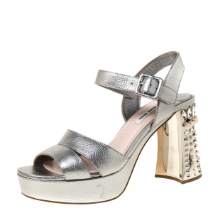 Miu Miu Metallic Silver Leather Crystal Embellished Block Heel Ankle Strap Sandals Size 39