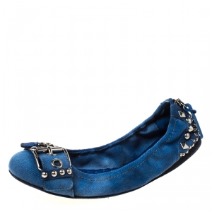 Miu Miu Blue Denim Studded Buckle Ballerina Flats Size 38.5