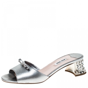 Miu Miu Silver Leather Bow Open Toe Crystal Embellished Heel Sandals Size 39
