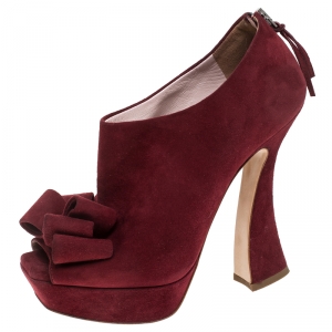 Miu Miu Red Suede Bow Peep Toe Platform Pumps Size 36