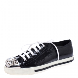 Miu Miu Black Patent Leather Crystal Embellished Cap Toe Lace Up Sneakers Size 38