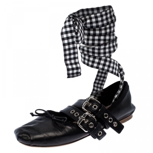 Miu Miu Black Belted Leather Ankle Wrap Ballet Flats Size 37.5