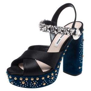Miu Miu Black Satin Crystal Embellished Strappy Platform Sandals Size 35