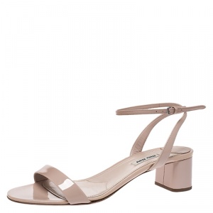 Miu Miu Beige Patent Leather Ankle Strap Block Heel Sandals Size 39