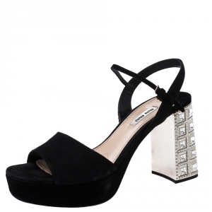 Miu Miu Black Suede Crystal Embellished Heel Ankle Strap Platform Sandals Size 40