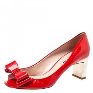 Pre Owned Miu Miu Red Patent Leather Bow And Crystal Embellished Heel Peep Toe Pumps 38