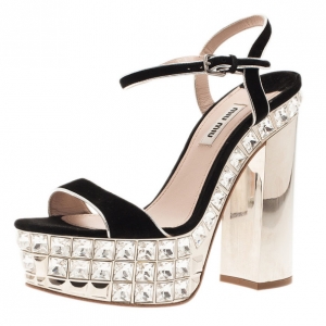 Pre Owned Miu Miu Black Suede Jeweled Ankle Strap Sandals Size 37.5