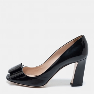 Miu Miu Black Patent Leather Bow Open Toe Block Heel Pumps Size 39.5