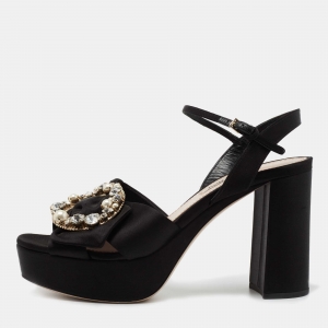 Miu Miu Black Satin Crystal Embellished Block Heel Ankle Strap Platform Sandals Size 38
