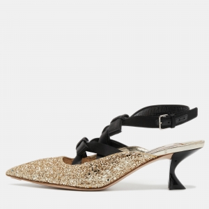 Miu Miu Metallic Gold Glitter Bows Slingback Pumps Size 37.5