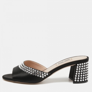 Miu Miu Black Satin Crystal Embellished Block Heel Slide Sandals Size 36